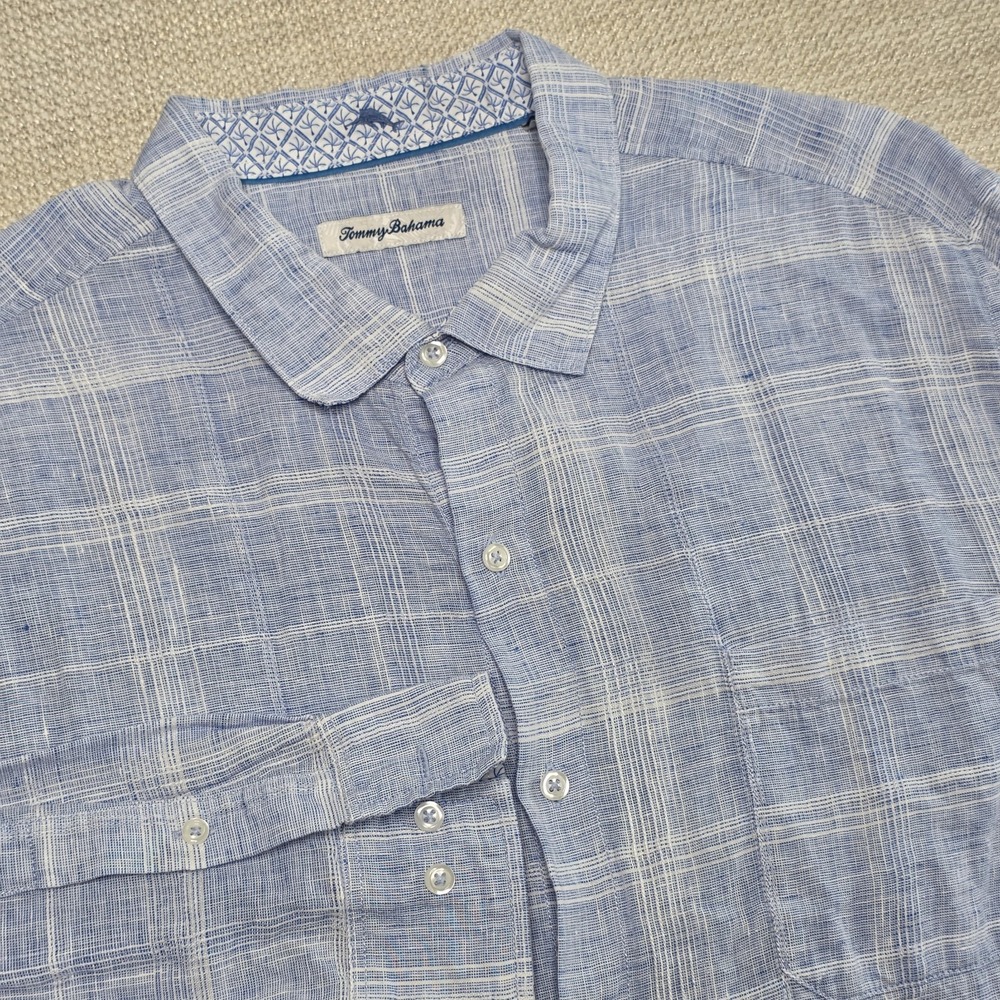 Tommy Bahama Shirt Mens XXL Blue White Plaid Linen Button Up Summer Vacation